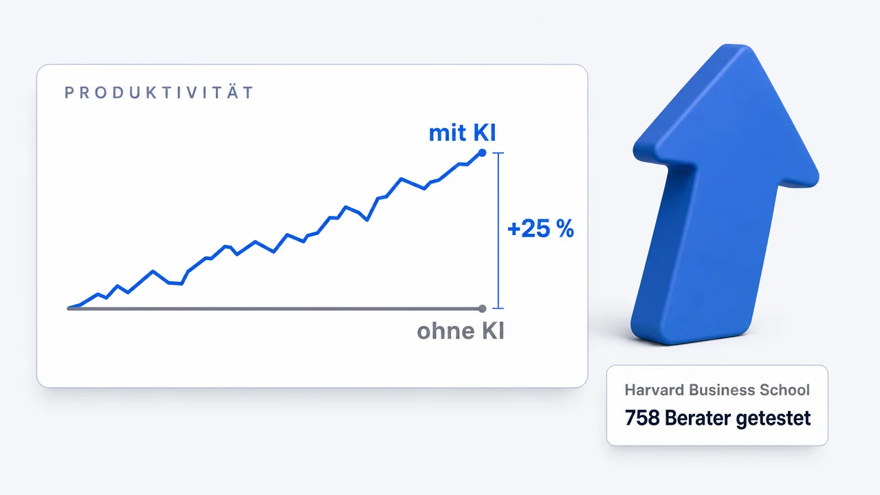 Ein nach oben zeigender Pfeil neben dem Diagramm „Produktivität“: eine flache graue Linie „ohne KI“, darüber eine blaue Linie „mit KI“, die mit vielen kleinen Auf und Ab deutlich nach oben läuft, dazwischen markiert +25 Prozent. Quelle: Harvard Business School, 758 Berater getestet