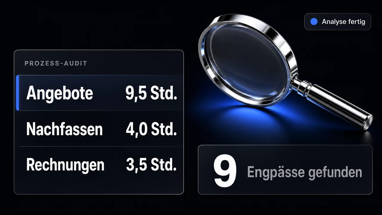 Eine Lupe über einer Prozess-Audit-Liste: Angebote 9,5 Stunden, Nachfassen 4,0 Stunden, Rechnungen 3,5 Stunden pro Woche, die oberste Zeile blau hervorgehoben, daneben die Angabe: neun Engpässe gefunden