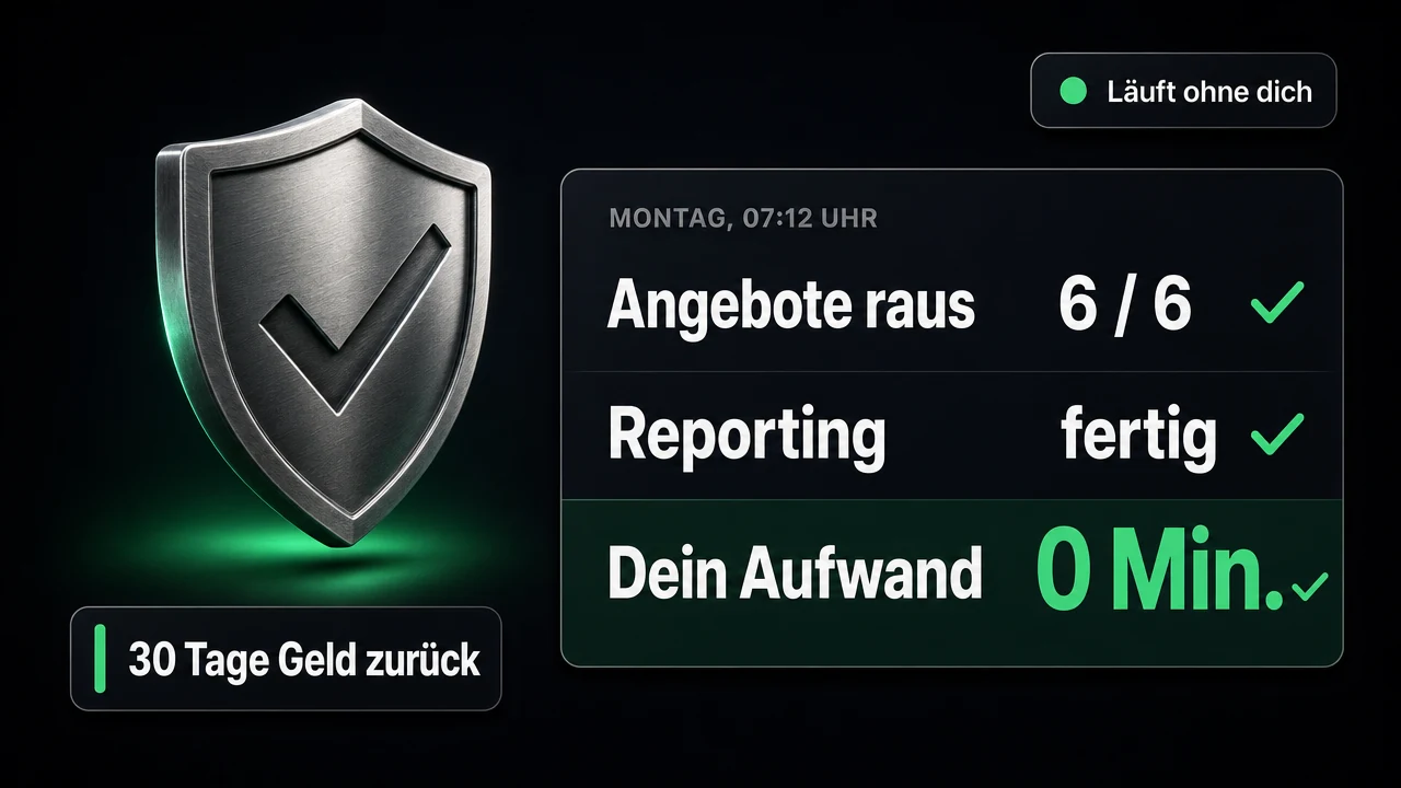Ein Schild mit Haken und grünem Lichtschein über der Zusage 30 Tage Geld zurück, daneben der Montagmorgen um 07:12 Uhr: Angebote raus 6 von 6, Reporting fertig, dein Aufwand 0 Minuten